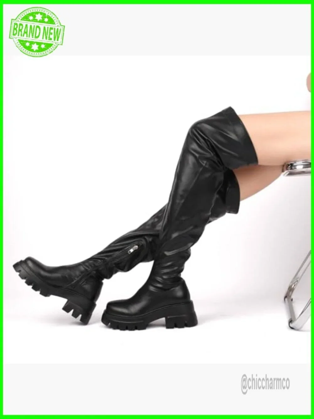 Round Toe Low Block Heeled Thigh Boots Chunky Heels Tread Sole Zip Up